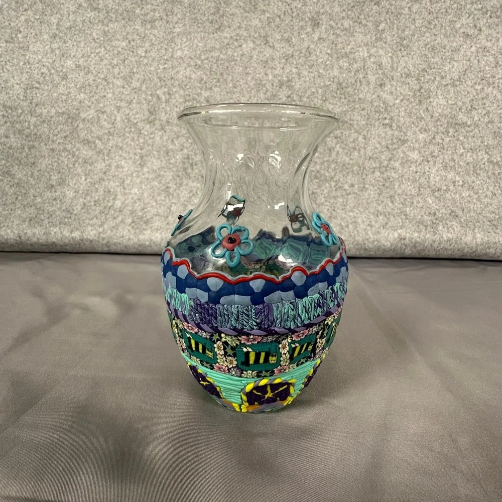 Handmade Polymer Clay Overlay Vase Small Multicolor Floral Bee Art Glass